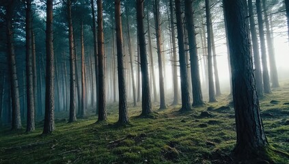 Fototapeta premium A dense forest with tall pine trees enveloped in mist, creating a mysterious and atmospheric nature scene. Perfect for themes of solitude, wilderness, and tranquility