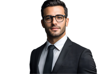 Professional businessman in a suit and wearing glasses, isolated on transparent background