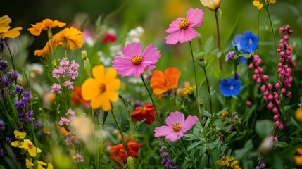 Obraz premium vivid arrangement of mixed wildflowers in vibrant colors, dynamic and cheerful composition, textured and natural design, bold and spring-inspired tones