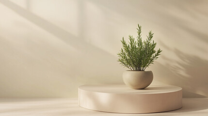 a circular platform with a plant in a pot modern and sleek aesthetic for product presentation