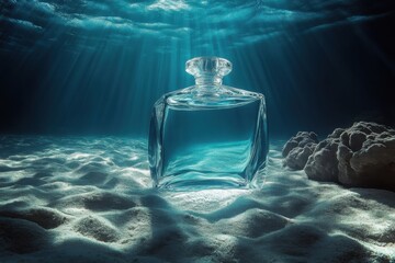A glass bottle sits on the sandy ocean floor, illuminated by rays of sunlight filtering through the water, creating a serene underwater scene.
