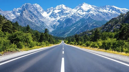 Fototapeta premium A winding road passing through a dramatic mountain pass, with jagged peaks towering above and a vibrant blue sky in the distance.
