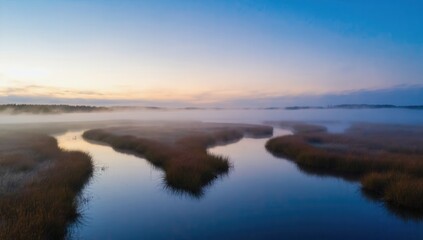 Fototapeta premium Misty sunrise over wetlands with a peaceful and serene landscape. A tranquil nature scene showcasing early morning light and foggy reflections