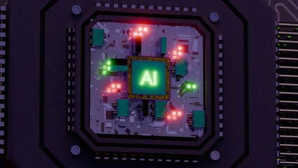 Processor with AI letters on a circuit board..
