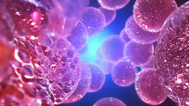 Close-up ai video of vibrant, translucent cells surrounded by red blood cells, with a glowing light in the background, symbolizing biological activity.
