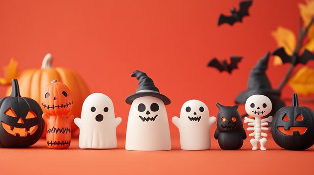 Halloween decorations forming a row on an orange background
