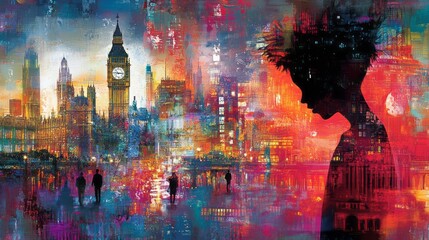 Obraz premium Colorful painting of london cityscape with figure silhouette overlay