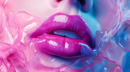 vivid pink lips with glossy textures, bold and artistic composition, romantic and vibrant design, soft and dreamy tones