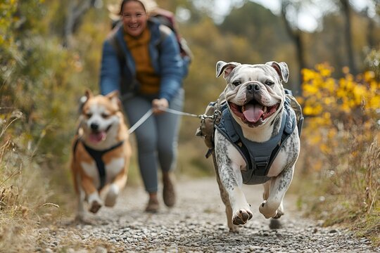A happy bulldog running along a trail with another dog, leading an owner on a walk