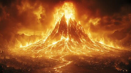 A dramatic volcanic plateau with glowing lava rivers and distant peaks silhouetted by firelight