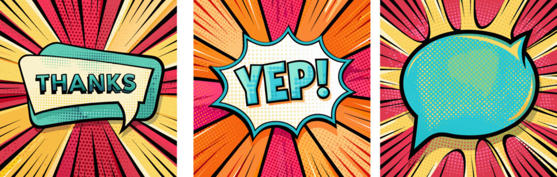 Set of vivid empty comic book speech bubble, Yep and Thanks bold text on retro pop art background, for socail media posts and poster design