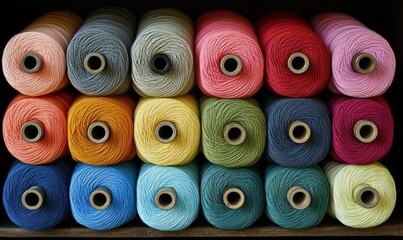 Vibrant Collection of Spools Displayed in Neat Rows for Craft and Textile Projects