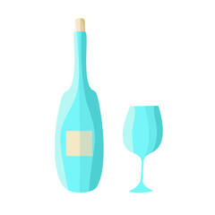 Vector illustration of wine glass or alcohol drink with bottle. Linear graphic style, editable stroke.