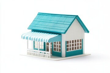 Miniature shop model with blue roof and striped awning for architectural design inspiration