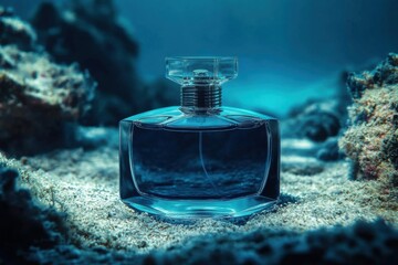 A clear perfume bottle sits on the sandy ocean floor, surrounded by a blue underwater environment, creating a tranquil and artistic atmosphere.