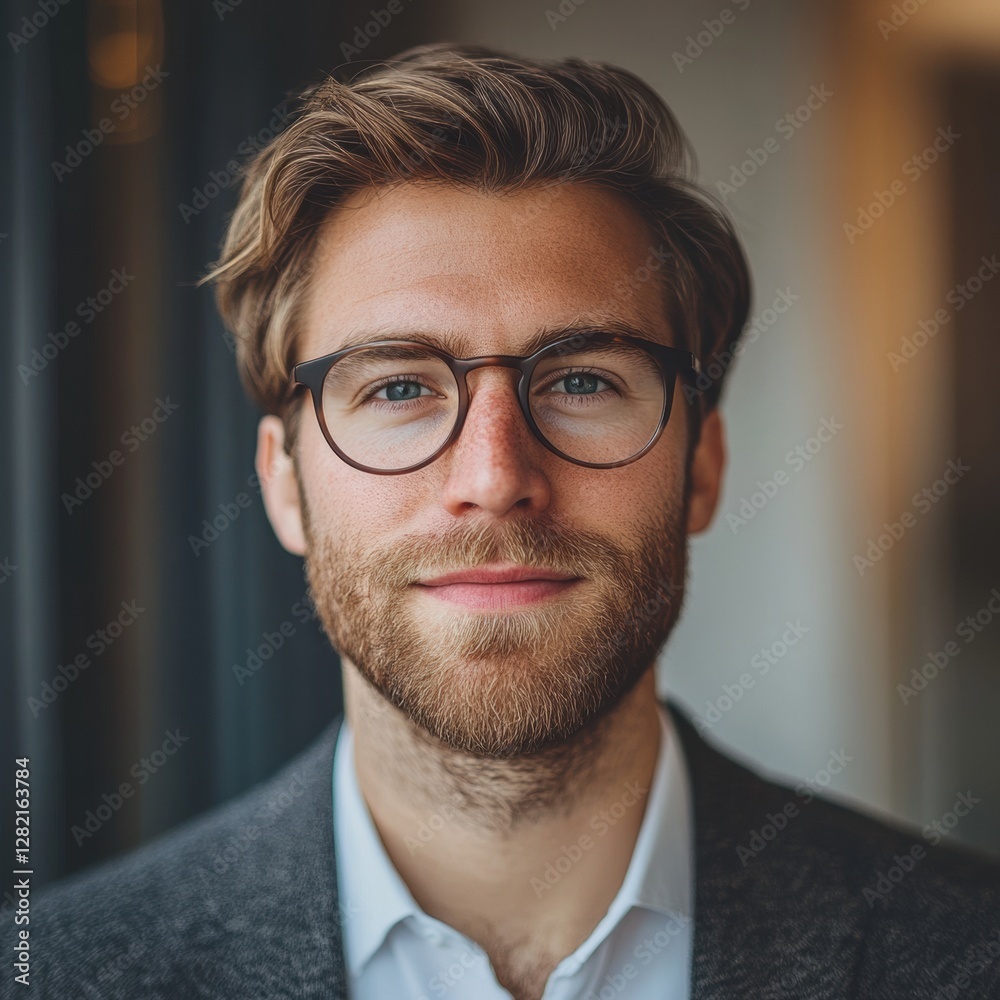 Poster young man with glasses smiles warmly in an indoor setting during the late afternoon. generative ai