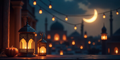 Obraz premium Ramadan Design Assets, Fanous (Ramadan lantern) with mosque on the background, Ramadan invitations, high quality, 4K, with an empty area to add your text