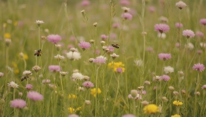 Beautiful summer meadow full of wildflowers and buzzing bees