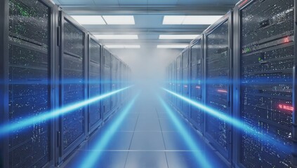 Fototapeta premium Futuristic data center with blue laser light beams and fog