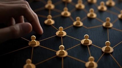 Hand connecting network of gold people icons on dark wooden surface