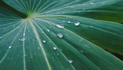 Water droplets on a large tropical leaf in the morning light