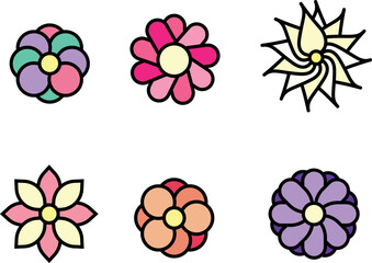 Set of small flowers in cartoon comic style - purple, white, yellow, pink, red, orange. Thick borders
