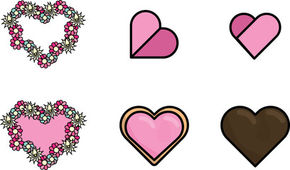 Hearts for mother's day and valentine's day from paper, cookie, chocolate and flowers. Set of vectors