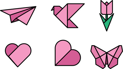 Origami for mothers day and Valentines day in cartoon comic style- set of six