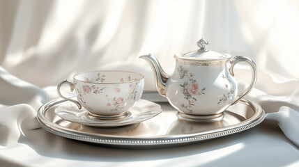 Charming porcelain tea set with pink roses on a silver tray, featuring a teapot and cup, accented by soft lighting