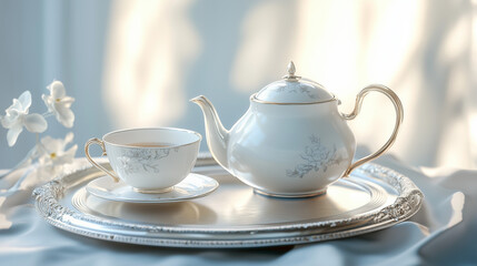 Porcelain tea set with orange floral accents, featuring a teapot and teacup, softly lit in a serene setting