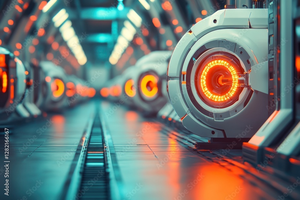 Poster futuristic laboratory setting with advanced robotics and innovative technology elements