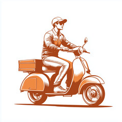 Fototapeta premium man riding a scooter in an orange pencil sketch style, white background