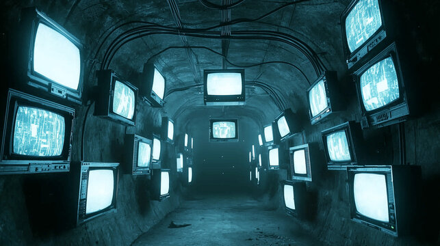 Futuristic underground tunnel with multiple old CRT televisions mounted on walls, emitting a blue glow, creating a cyberpunk atmosphere