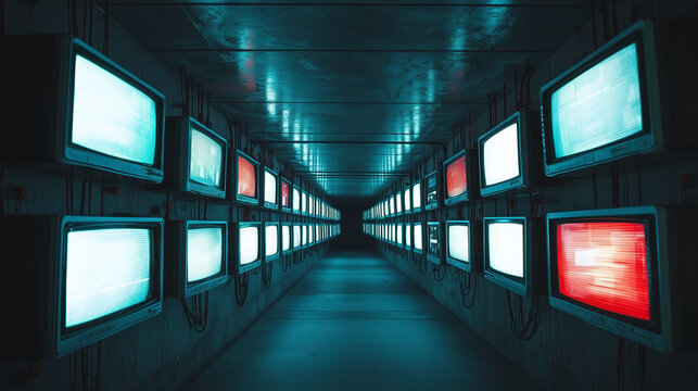 Futuristic tunnel lined with vintage CRT televisions emitting eerie blue and red glow, creating a cyberpunk and dystopian atmosphere