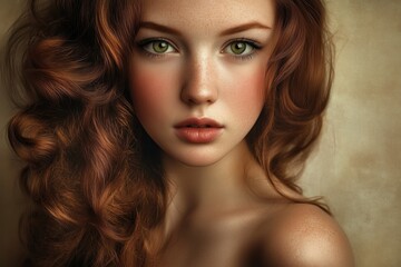 Fototapeta premium A close-up portrait of a young woman with striking green eyes and wavy red hair.