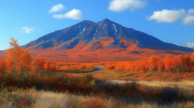 A beautiful road winding through a dense pine forest, with snow-capped mountains towering in the distance and a clear, sunny sky above.