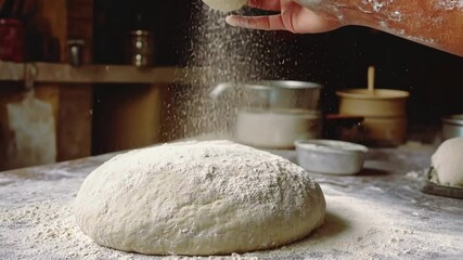 Artisan baker dusting flour on rustic dough in cozy kitchen setting