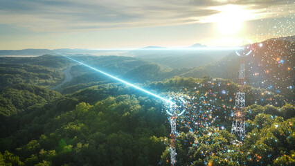 Telecommunication towers in green hills with a 3D graphic of an electrical signal transmission