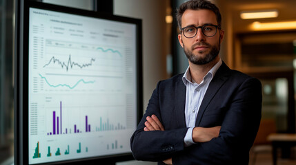 professional analyst presents financial charts on a large screen in a modern business environment. Crisp lighting and clear data visuals enhance corporate decision-making and strategy planning.