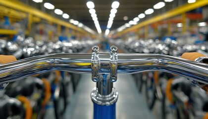 Close-Up View of Bicycle Handlebars in a Bright Bike Manufacturing Facility