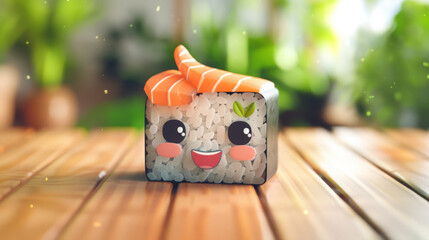 Naklejka premium Cartoon sushi roll with a smiling face on it