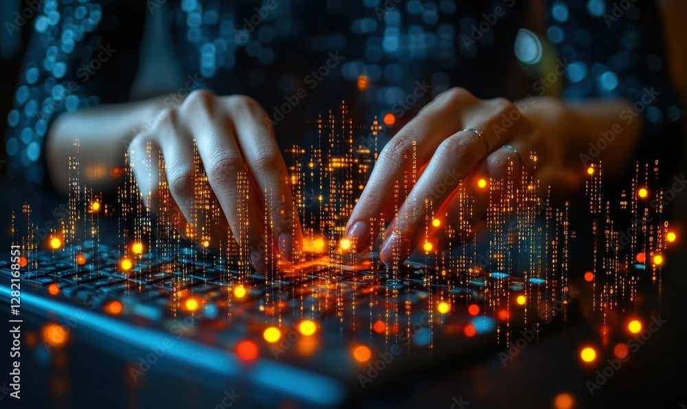 Poster hands typing on keyboard with overlay of data visualization and digital effects in dark environment