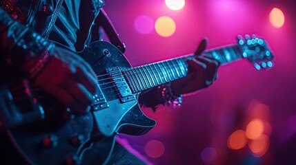Fototapeta premium Electric guitar player on stage in vibrant lights