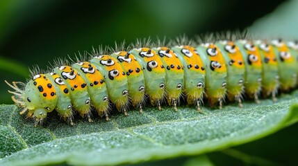 Close-up of a vibrant caterpillar resting on a green leaf in a lush garden, showcasing its unique colors