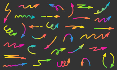 Hand drawn arrows for highlighting and underlining text.Set of bright coloured arrows with gradient.Vector illustration.