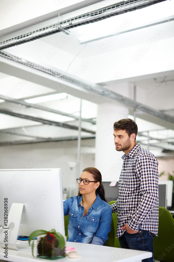 Poster Computer, helping and people with project, office and asking for feedback, intern and web designer. Collaboration, planning and review of layout on app, digital agency and teamwork for visual design