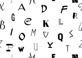 Seamless pattern with letters vector illustration. Texture with abc. Alphabet letters shapes abstract seamless repeat pattern. Black and white seamless pattern with hand drawn letters