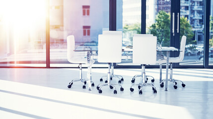 Window, business and empty room of meeting in office for conference, chair or seminar workshop....