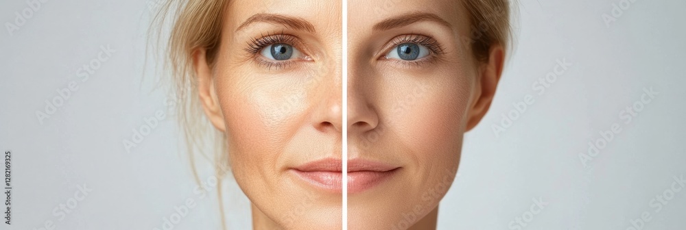 Fototapete split screen comparison of aging and youth on a womans face showcasing visible wrinkles versus smoot