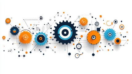 Obraz premium Colorful gears and abstract shapes representing technology and innovation in a digital workspace